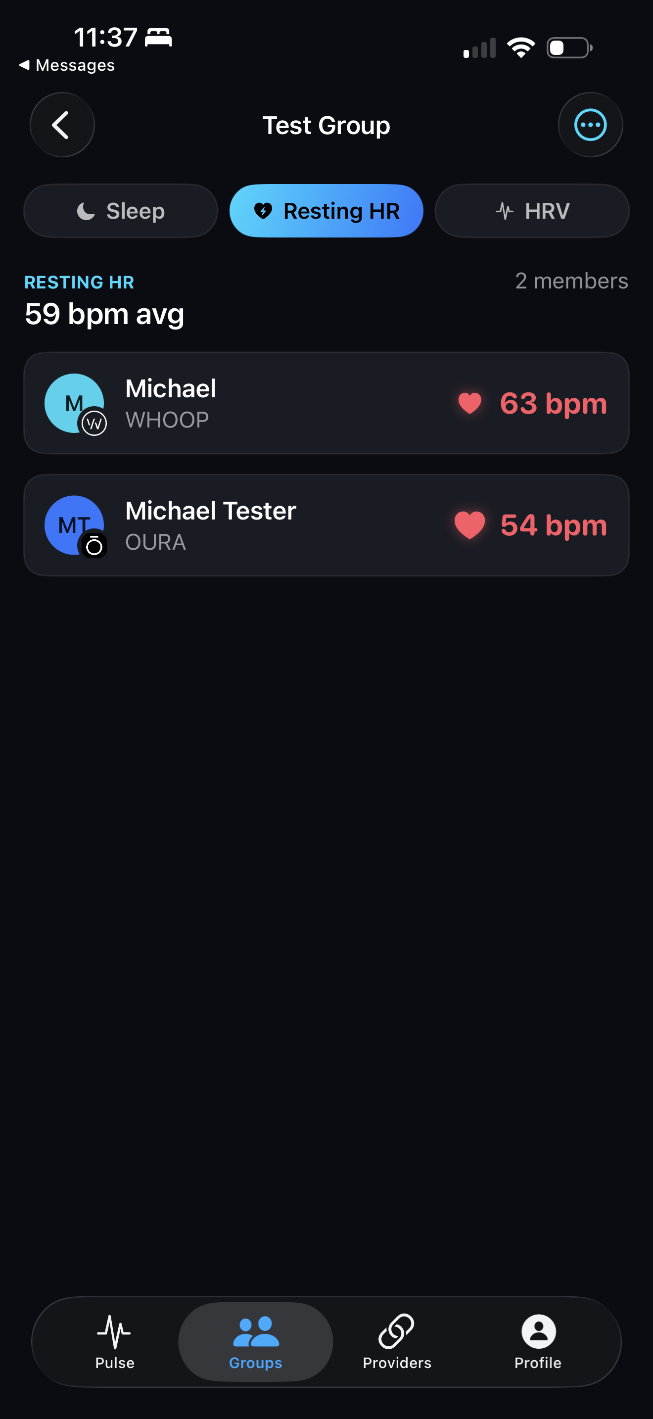 Pulse group view comparing resting heart rate across an Oura and a Whoop member