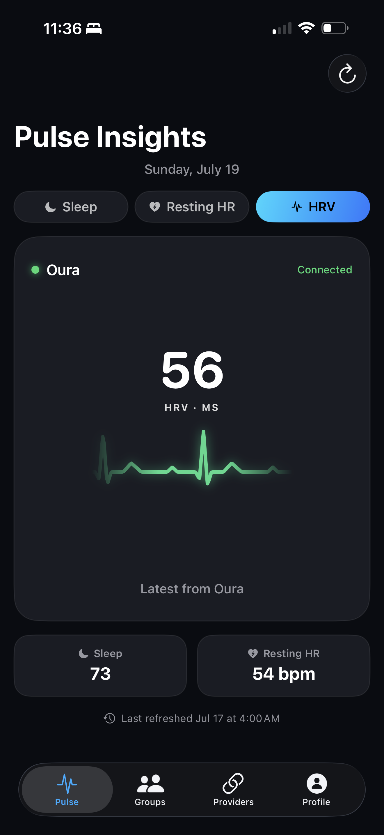 Pulse daily insight card showing heart rate variability from a connected Oura account
