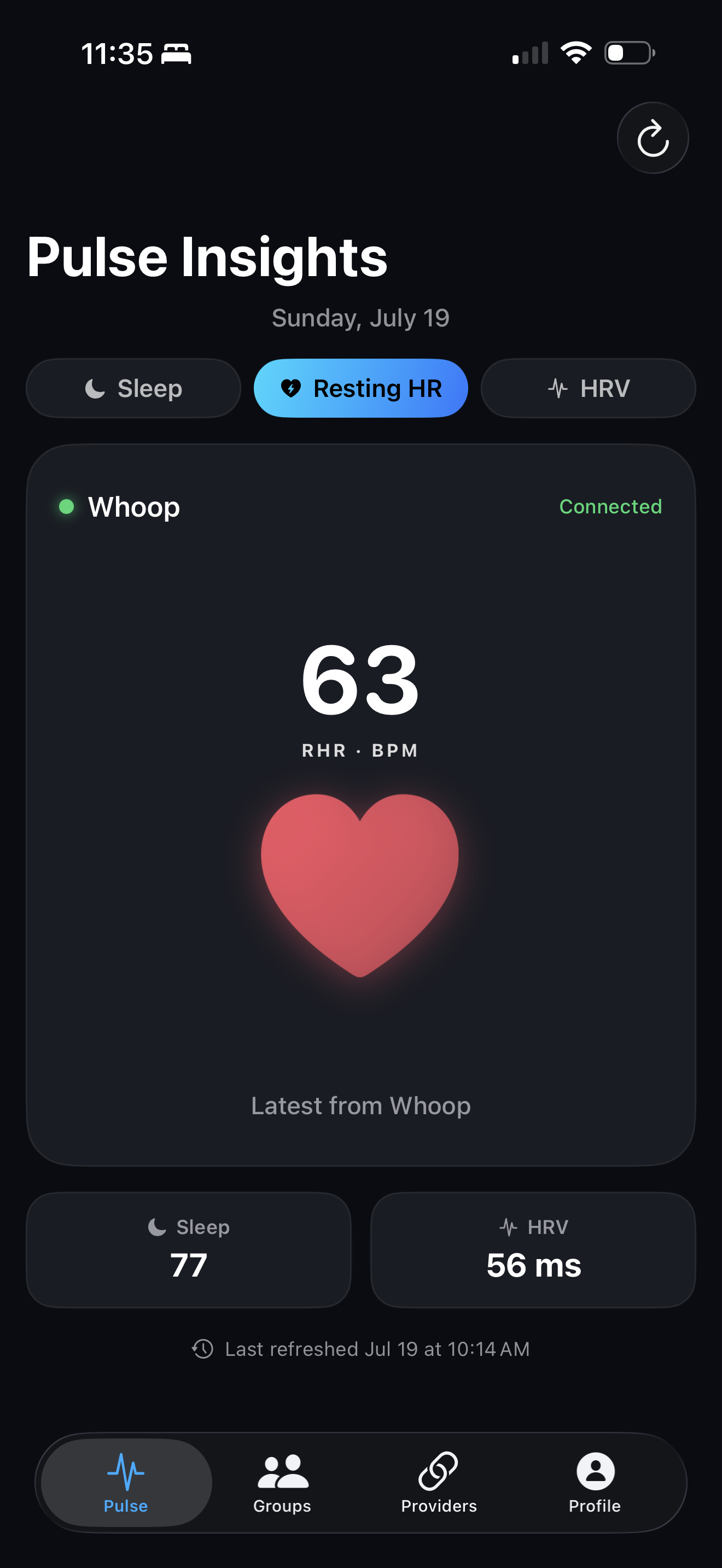 Pulse daily insight card showing resting heart rate from a connected Whoop account